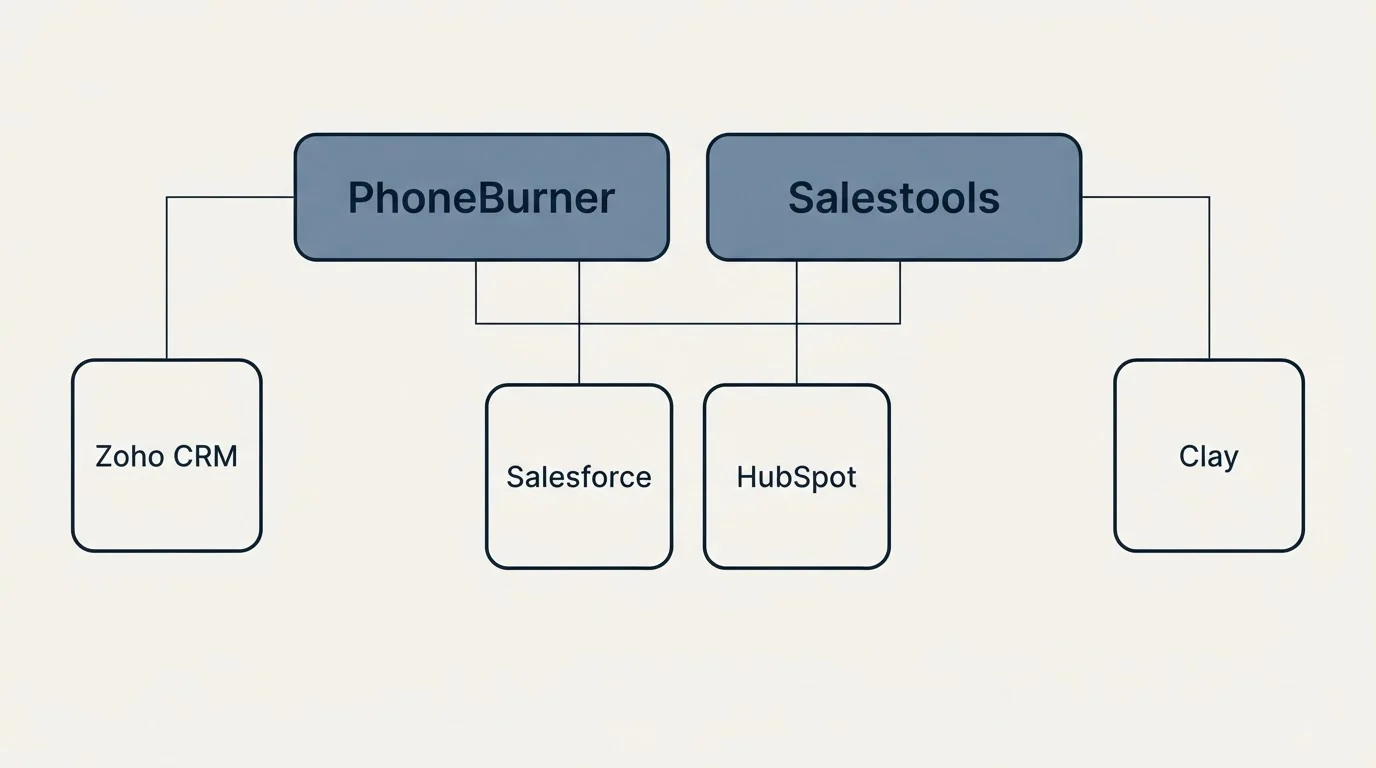 Integration grid: Integration Ecosystem (PhoneBurner, Salestools, Salesforce, HubSpot)