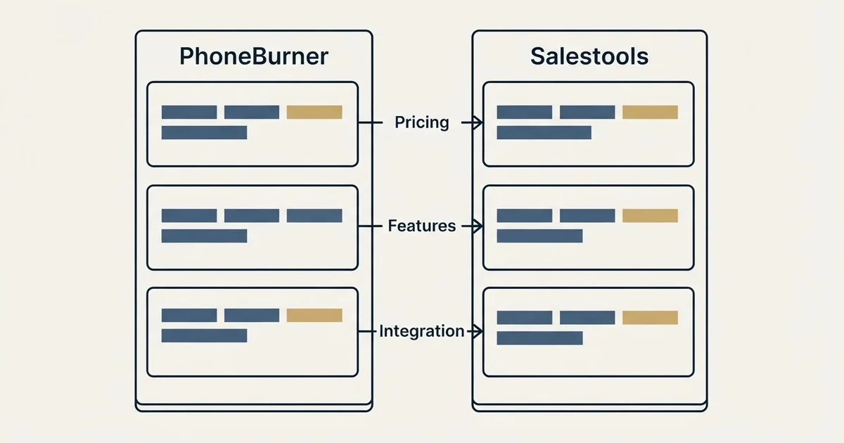 Comparison panel: PhoneBurner vs Salestools (Pricing, Features, Integration)