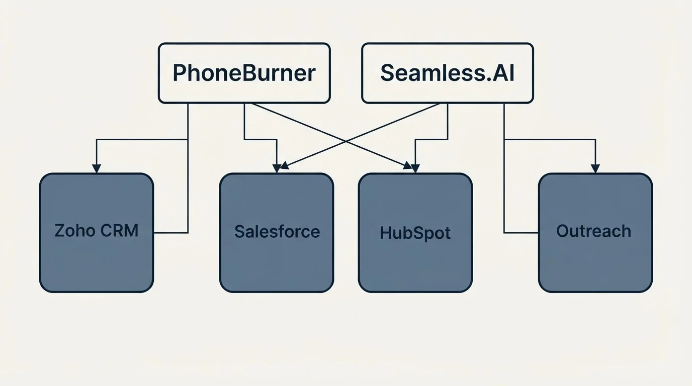 Integration grid: Integration Ecosystem (PhoneBurner, Seamless.AI, Salesforce, HubSpot)