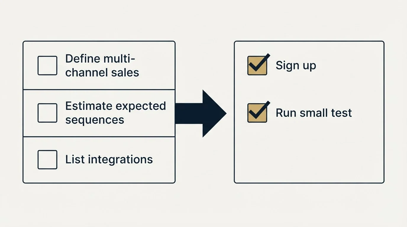 Before-and-after steps: Getting Started Checklist (Define multi-channel sales, Estimate expected sequences, List integrations, Sign up)