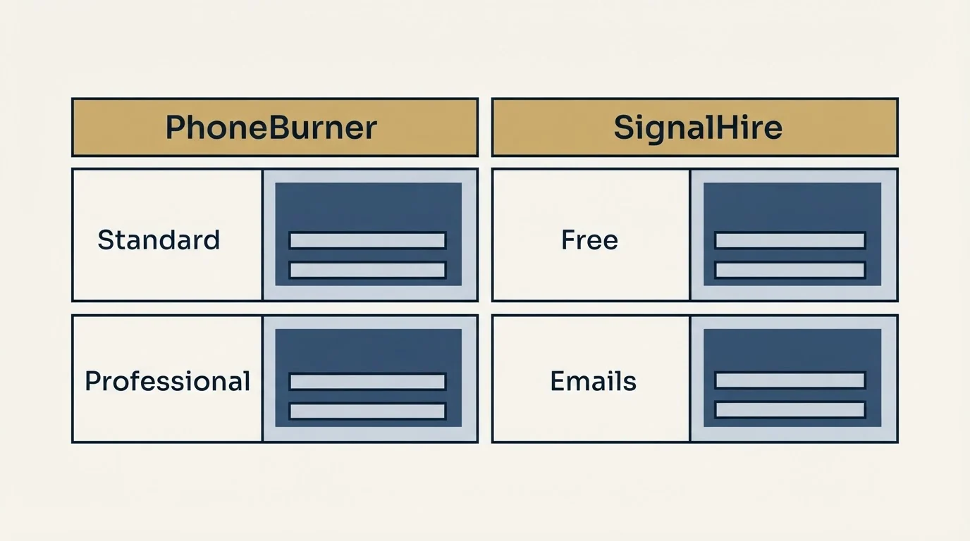 Pricing table: Pricing Comparison (PhoneBurner, SignalHire, Standard, Free)