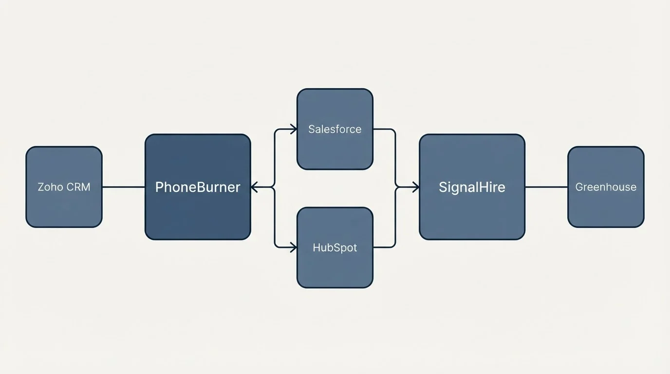 Integration flow: Integration Ecosystem (PhoneBurner, SignalHire, Salesforce, HubSpot)