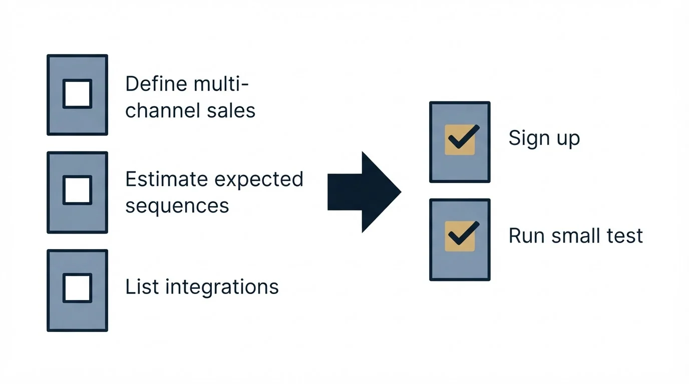 Before-and-after steps: Getting Started Checklist (Define multi-channel sales, Estimate expected sequences, List integrations, Sign up)