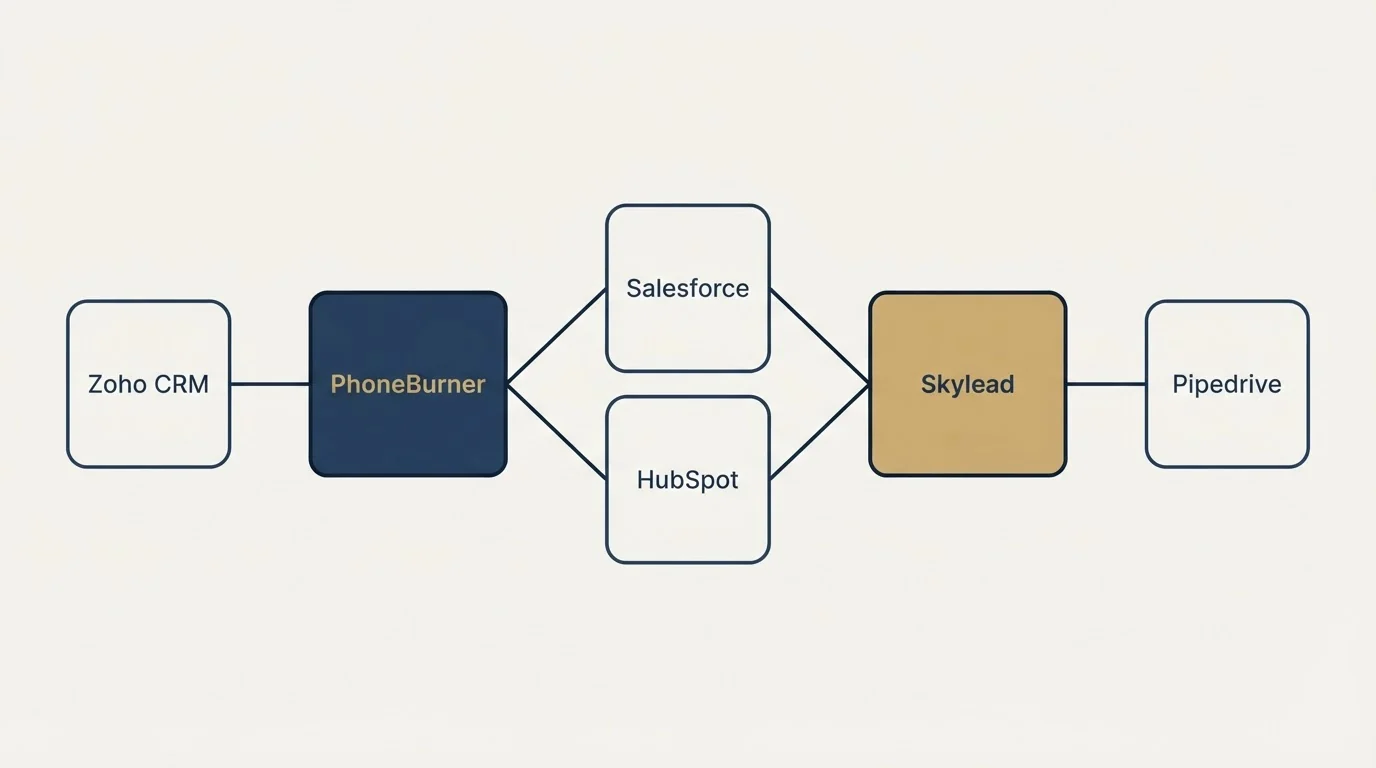 Integration schematic: Integration Ecosystem (PhoneBurner, Skylead, Salesforce, HubSpot)