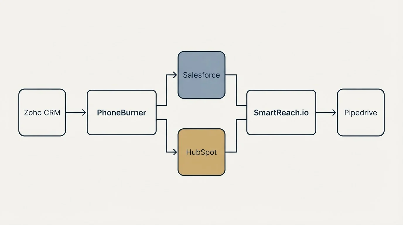 Integration flow: Integration Ecosystem (PhoneBurner, SmartReach.io, Salesforce, HubSpot)
