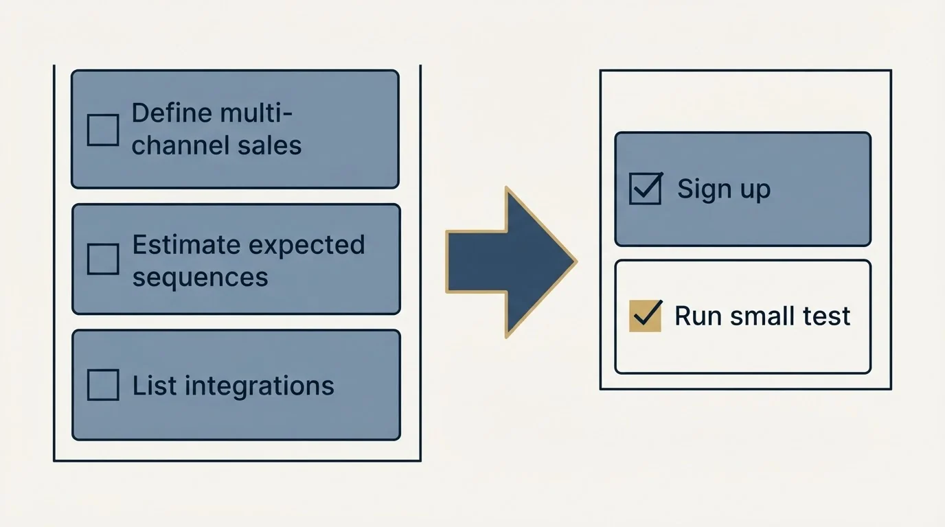 Before-and-after steps: Getting Started Checklist (Define multi-channel sales, Estimate expected sequences, List integrations, Sign up)