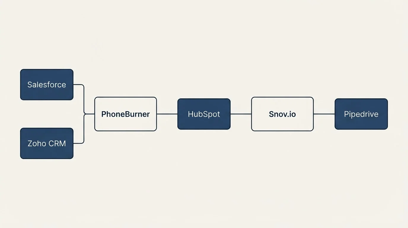 Integration flow: Integration Ecosystem (PhoneBurner, Snov.io, HubSpot, Salesforce)
