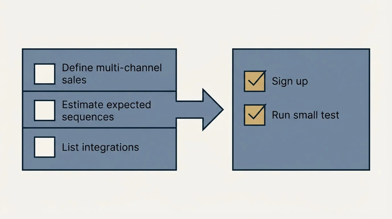 Before-and-after steps: Getting Started Checklist (Define multi-channel sales, Estimate expected sequences, List integrations, Sign up)