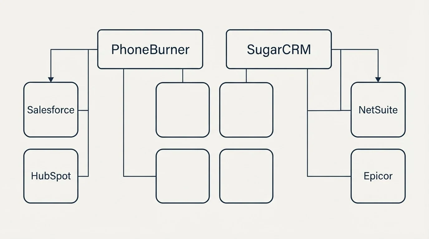 Integration grid: Integration Ecosystem (PhoneBurner, SugarCRM, Salesforce, NetSuite)