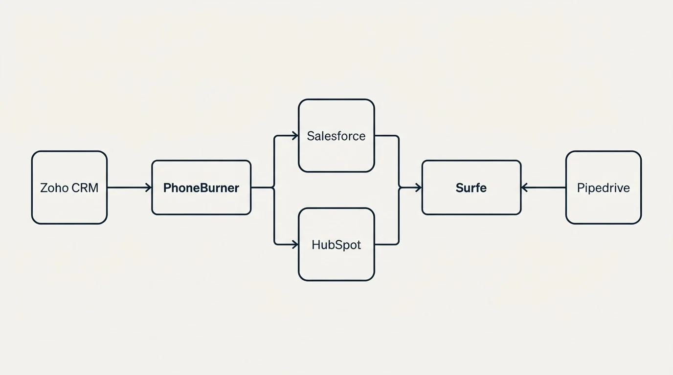 Integration flow: Integration Ecosystem (PhoneBurner, Surfe, Salesforce, HubSpot)