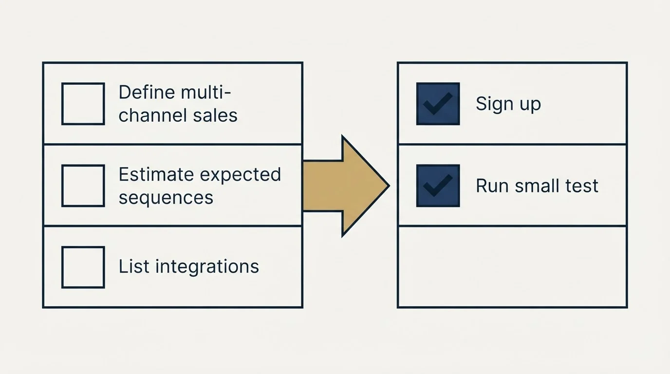 Before-and-after steps: Getting Started Checklist (Define multi-channel sales, Estimate expected sequences, List integrations, Sign up)