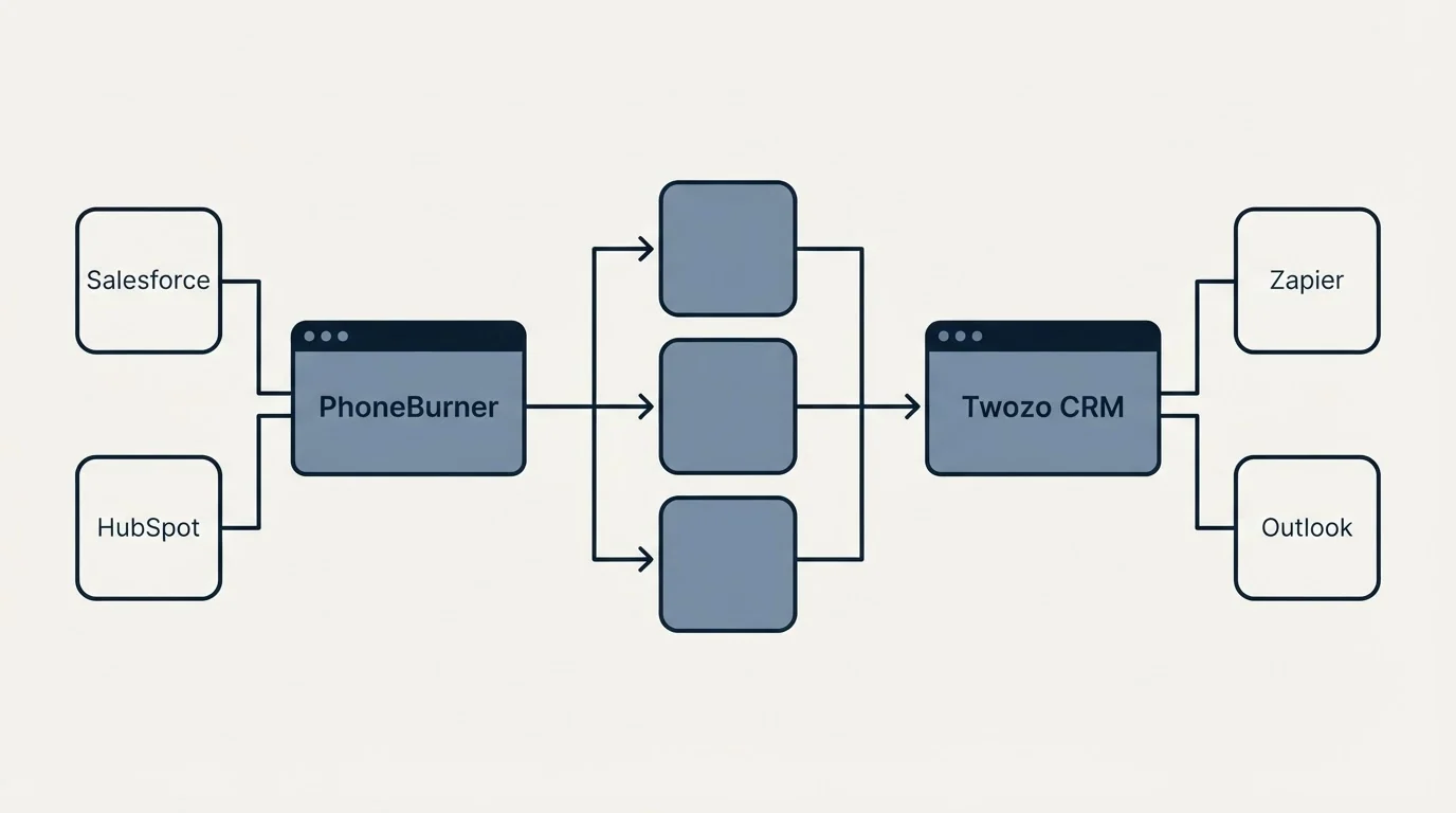 Integration flow: Integration Ecosystem (PhoneBurner, Twozo CRM, Salesforce, Zapier)