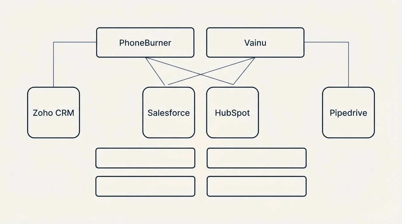 Integration grid: Integration Ecosystem (PhoneBurner, Vainu, Salesforce, HubSpot)
