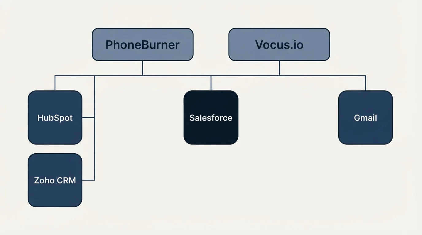 Integration grid: Integration Ecosystem (PhoneBurner, Vocus.io, Salesforce, HubSpot)