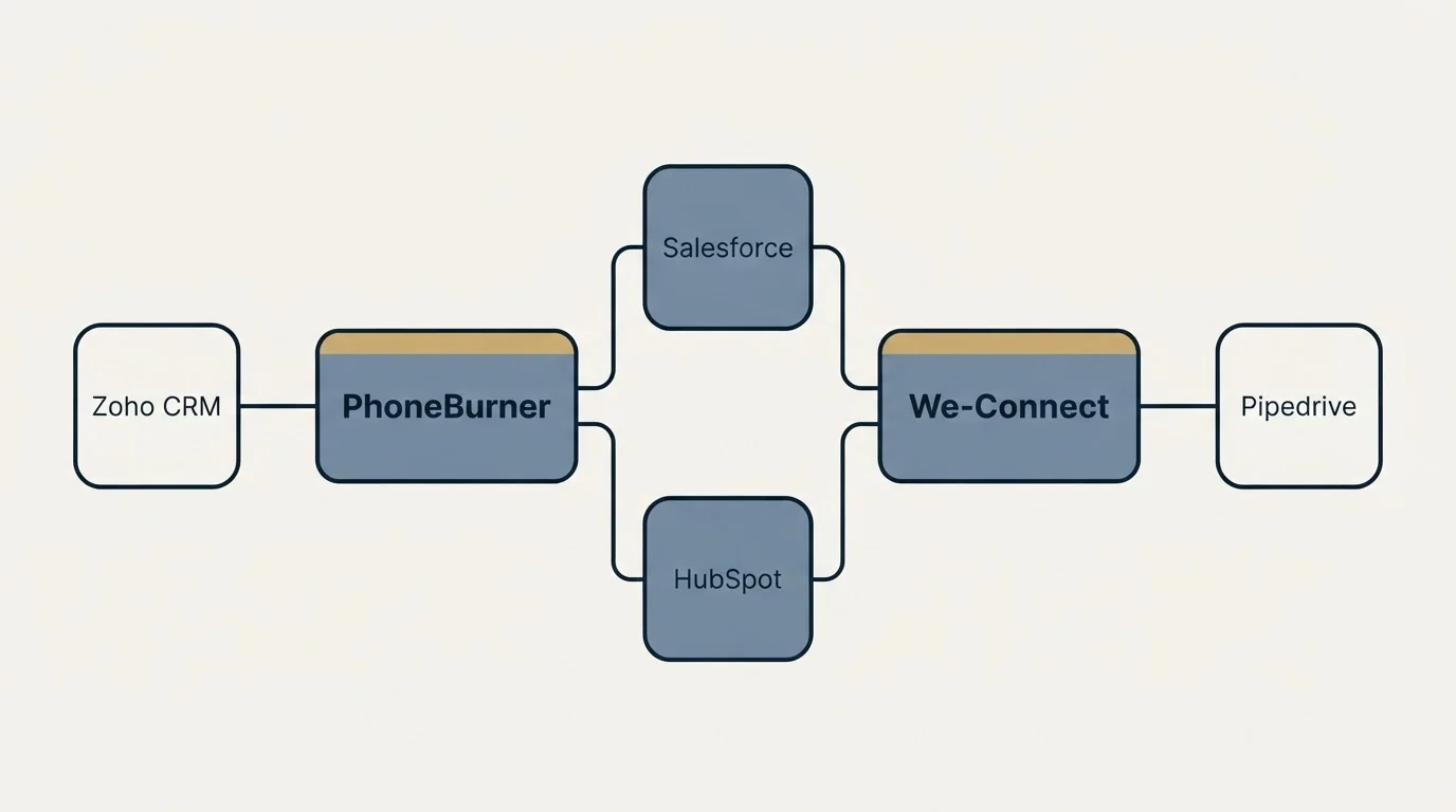 Integration schematic: Integration Ecosystem (PhoneBurner, We-Connect, Salesforce, HubSpot)