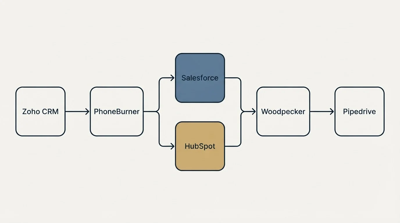 Integration flow: Integration Ecosystem (PhoneBurner, Woodpecker, Salesforce, HubSpot)