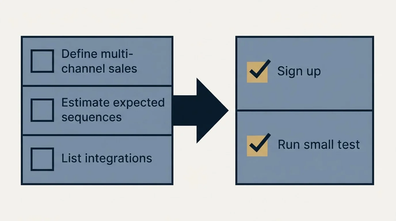 Before-and-after steps: Getting Started Checklist (Define multi-channel sales, Estimate expected sequences, List integrations, Sign up)