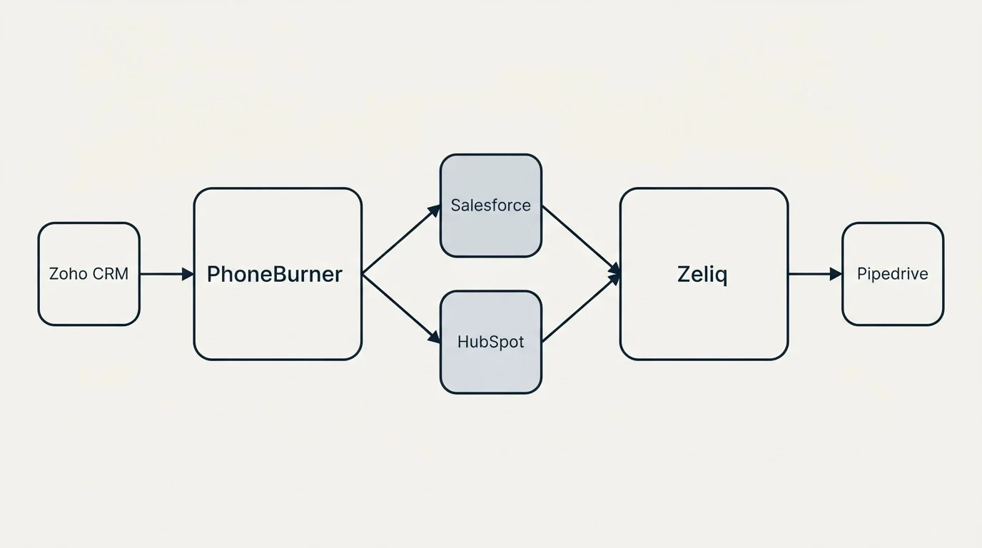 Integration schematic: Integration Ecosystem (PhoneBurner, Zeliq, Salesforce, HubSpot)