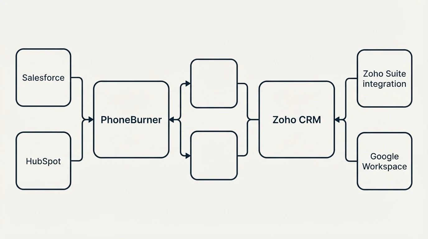 Integration schematic: Integration Ecosystem (PhoneBurner, Zoho CRM, Salesforce, Zoho Suite integration)
