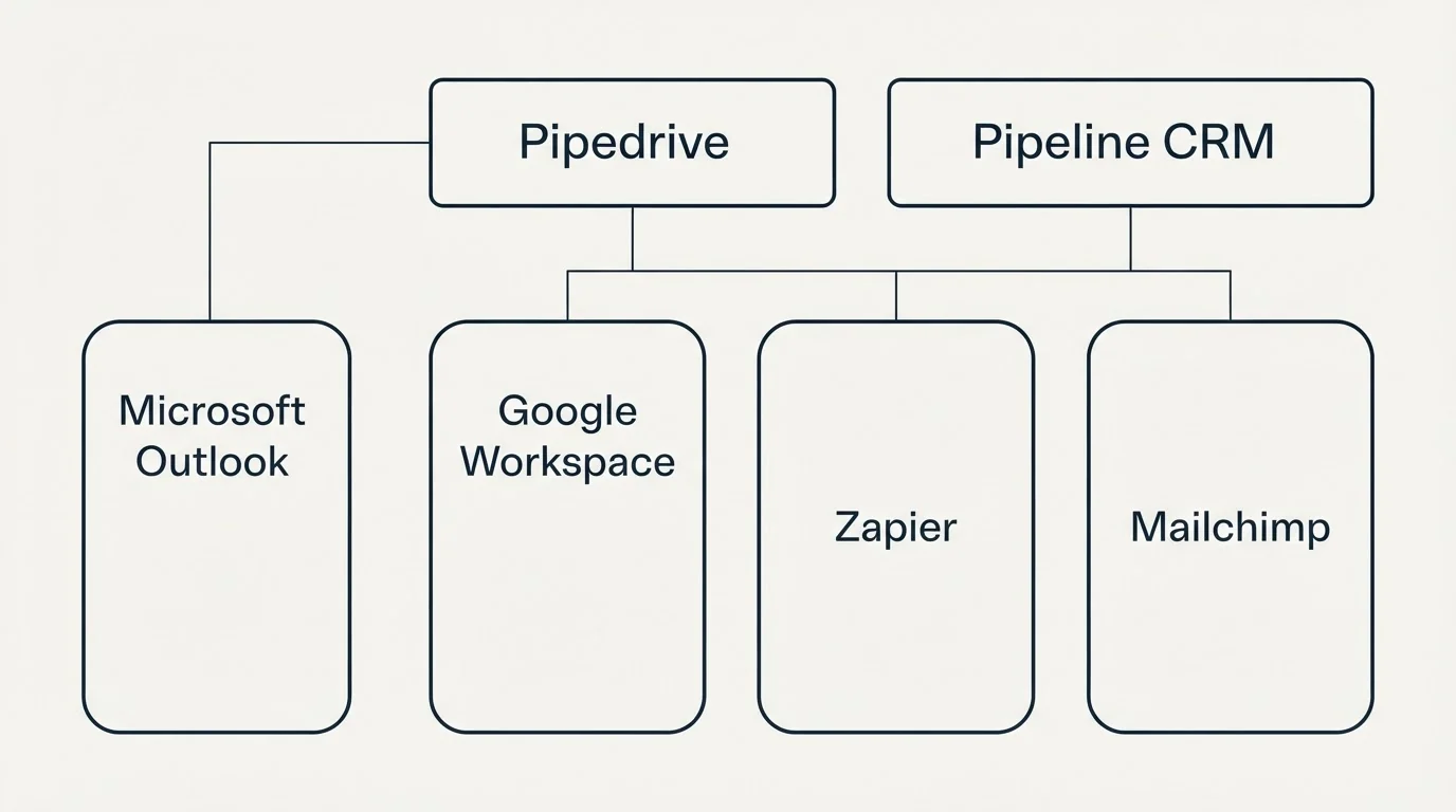 Integration grid: Integration Ecosystem (Pipedrive, Pipeline CRM, Google Workspace, Zapier)