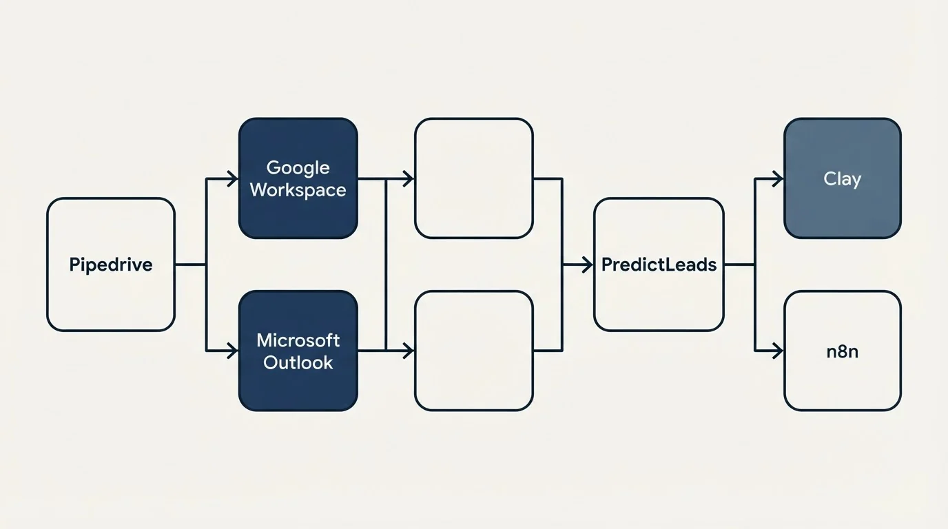 Integration flow: Integration Ecosystem (Pipedrive, PredictLeads, Google Workspace, Clay)