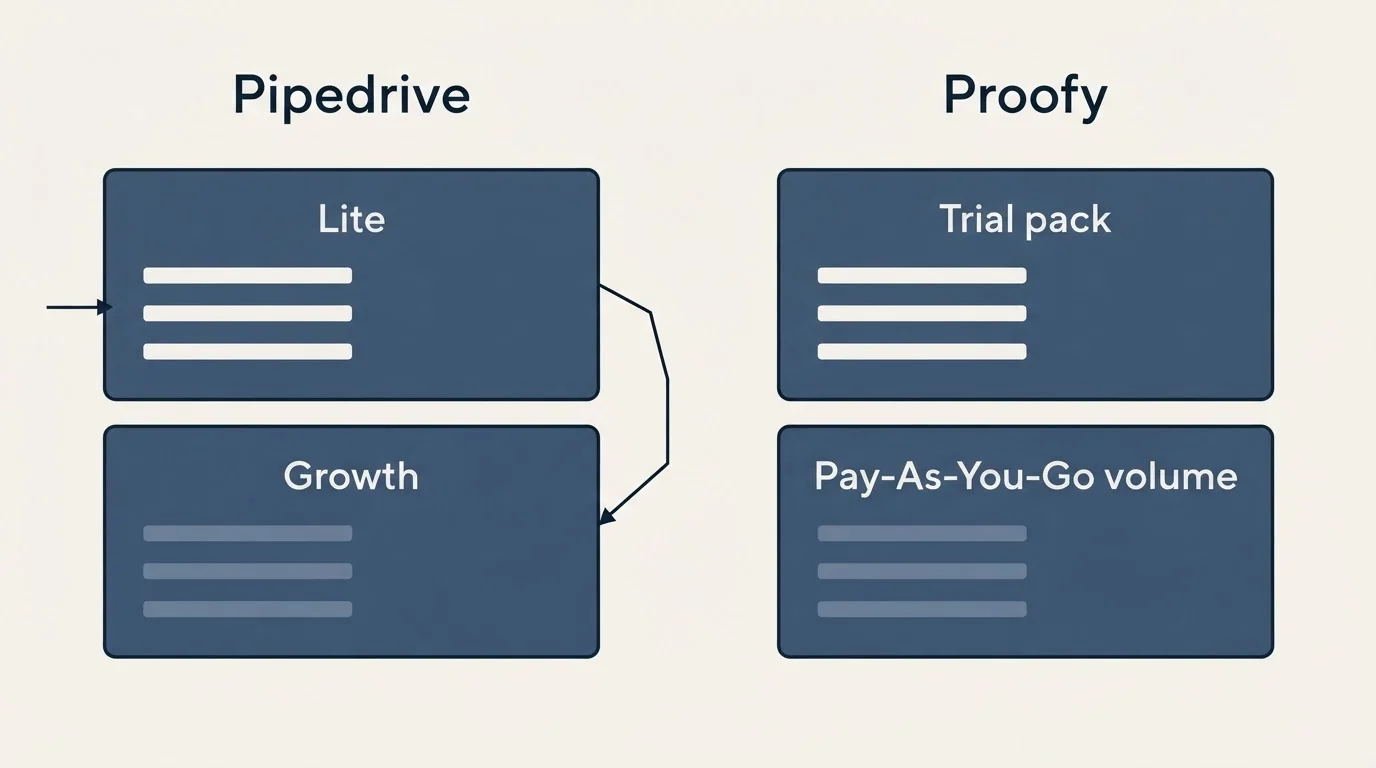 Pricing panels: Pricing Comparison (Pipedrive, Proofy, Lite, Trial pack)