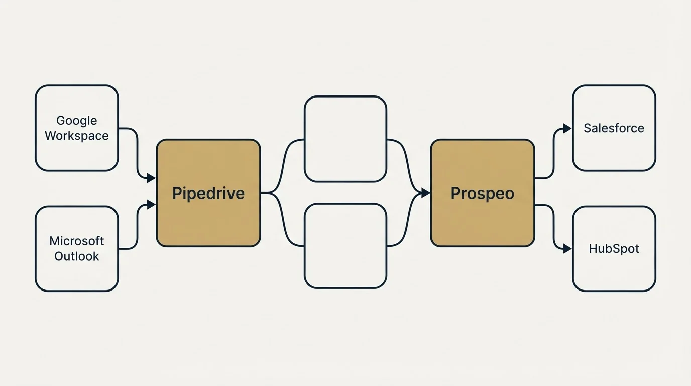 Integration schematic: Integration Ecosystem (Pipedrive, Prospeo, Google Workspace, Salesforce)