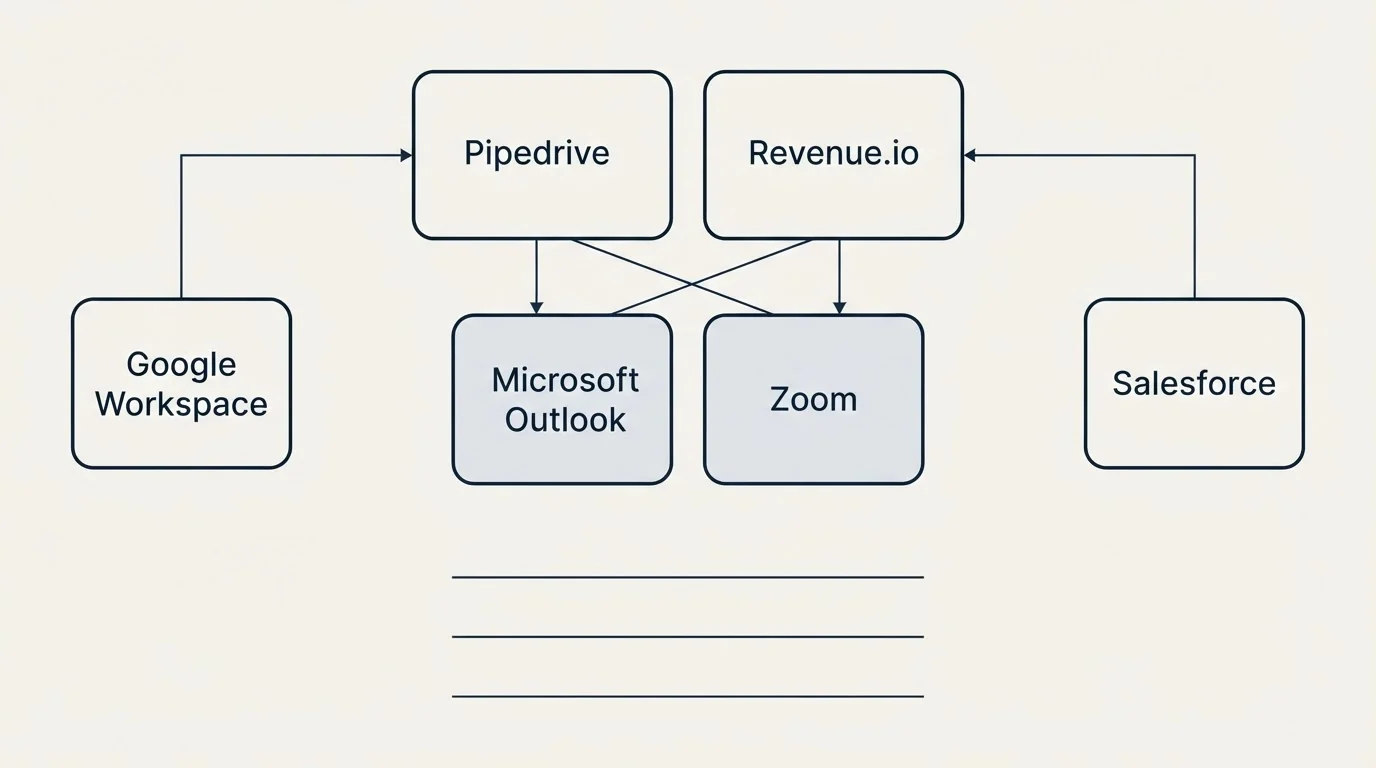 Integration grid: Integration Ecosystem (Pipedrive, Revenue.io, Microsoft Outlook, Zoom)