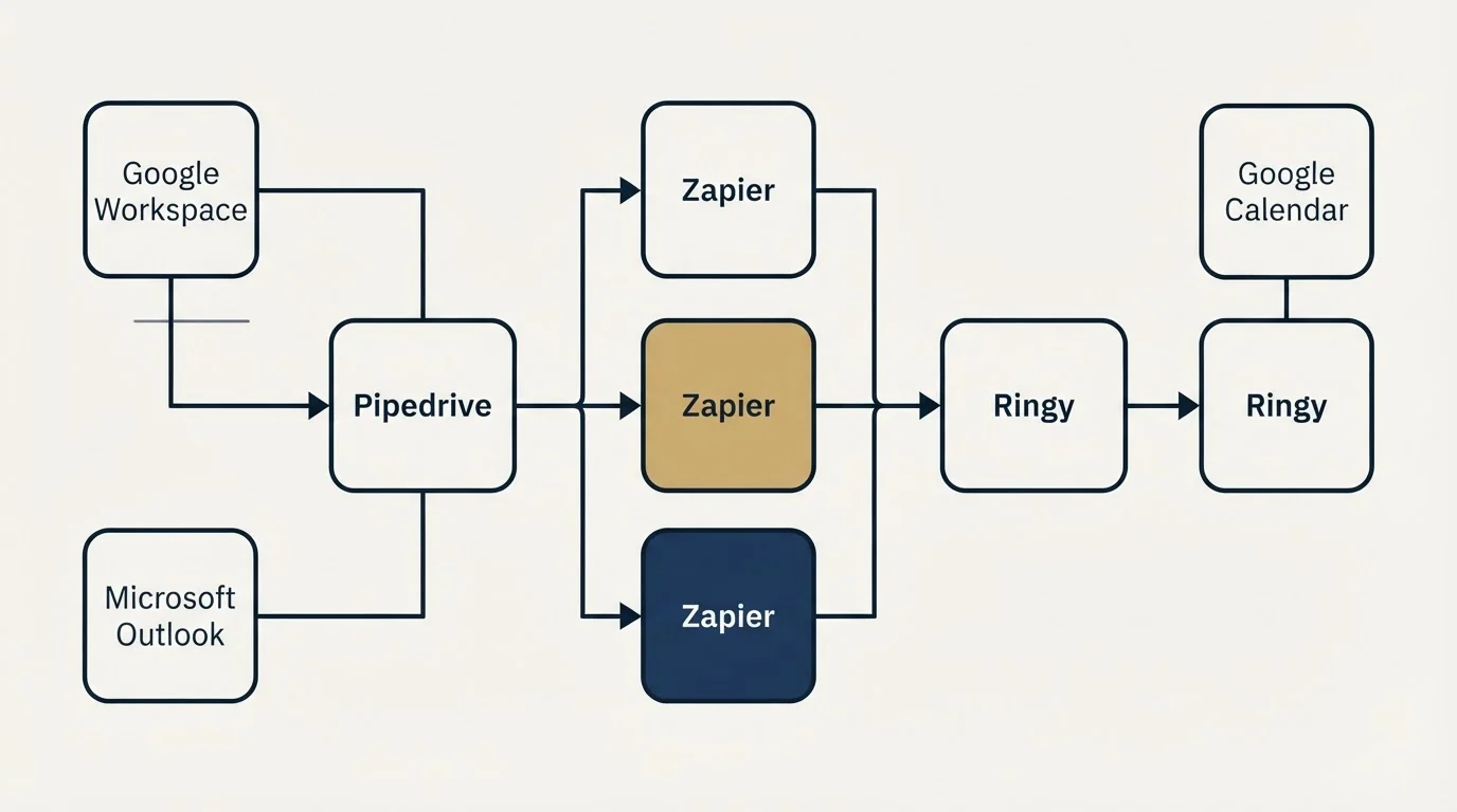 Integration flow: Integration Ecosystem (Pipedrive, Ringy, Zapier, Google Workspace)