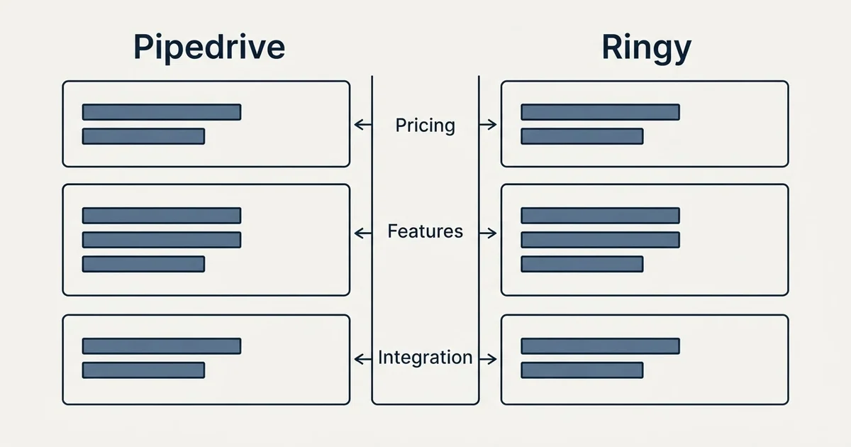 Comparison panel: Pipedrive vs Ringy (Pricing, Features, Integration)