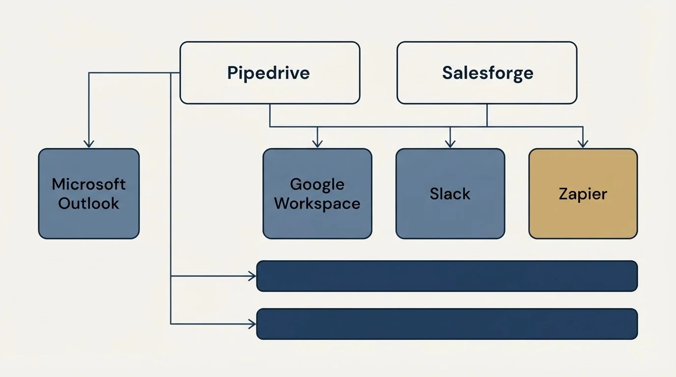 Integration grid: Integration Ecosystem (Pipedrive, Salesforge, Google Workspace, Slack)