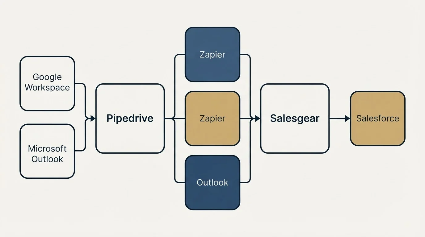 Integration flow: Integration Ecosystem (Pipedrive, Salesgear, Zapier, Google Workspace)