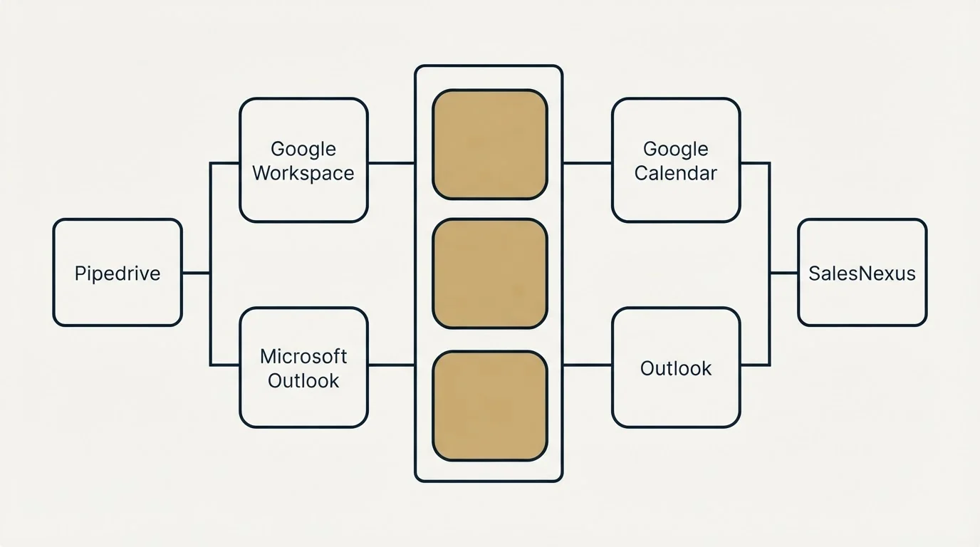 Integration flow: Integration Ecosystem (Pipedrive, SalesNexus, Google Workspace, Google Calendar)