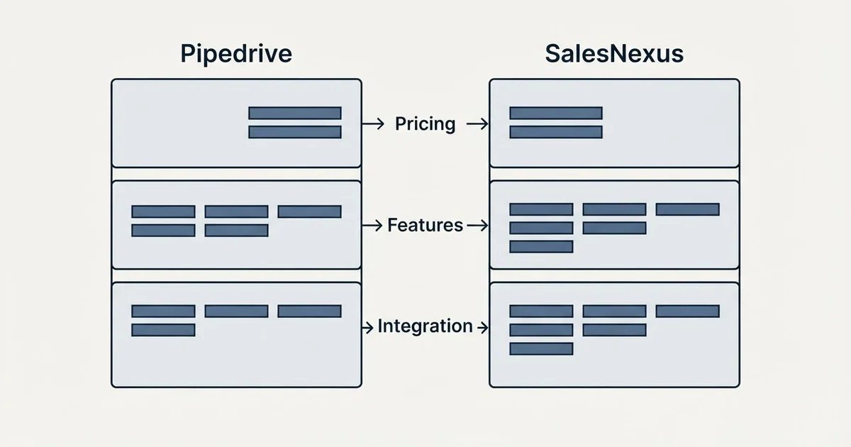 Comparison panel: Pipedrive vs SalesNexus (Pricing, Features, Integration)