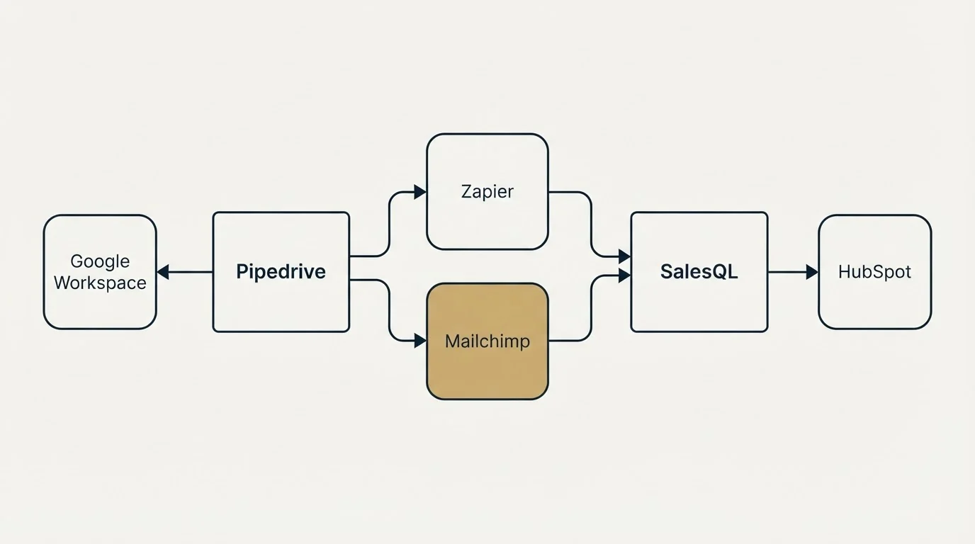 Integration schematic: Integration Ecosystem (Pipedrive, SalesQL, Zapier, Mailchimp)