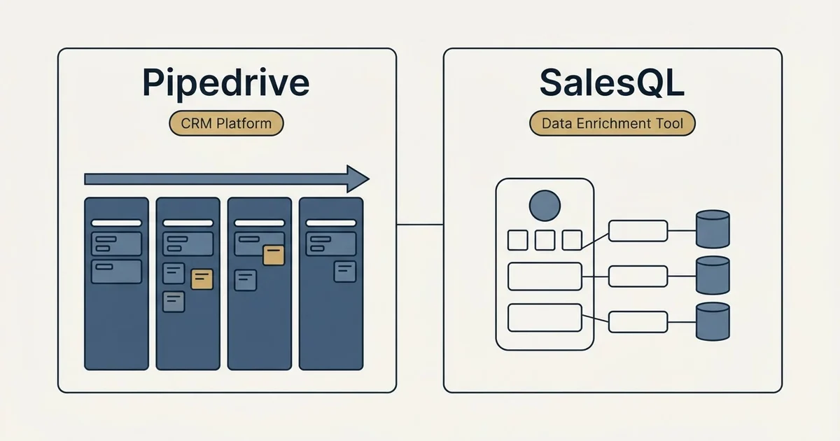 Side-by-side panels: Pipedrive vs SalesQL (CRM Platform, Data Enrichment Tool)