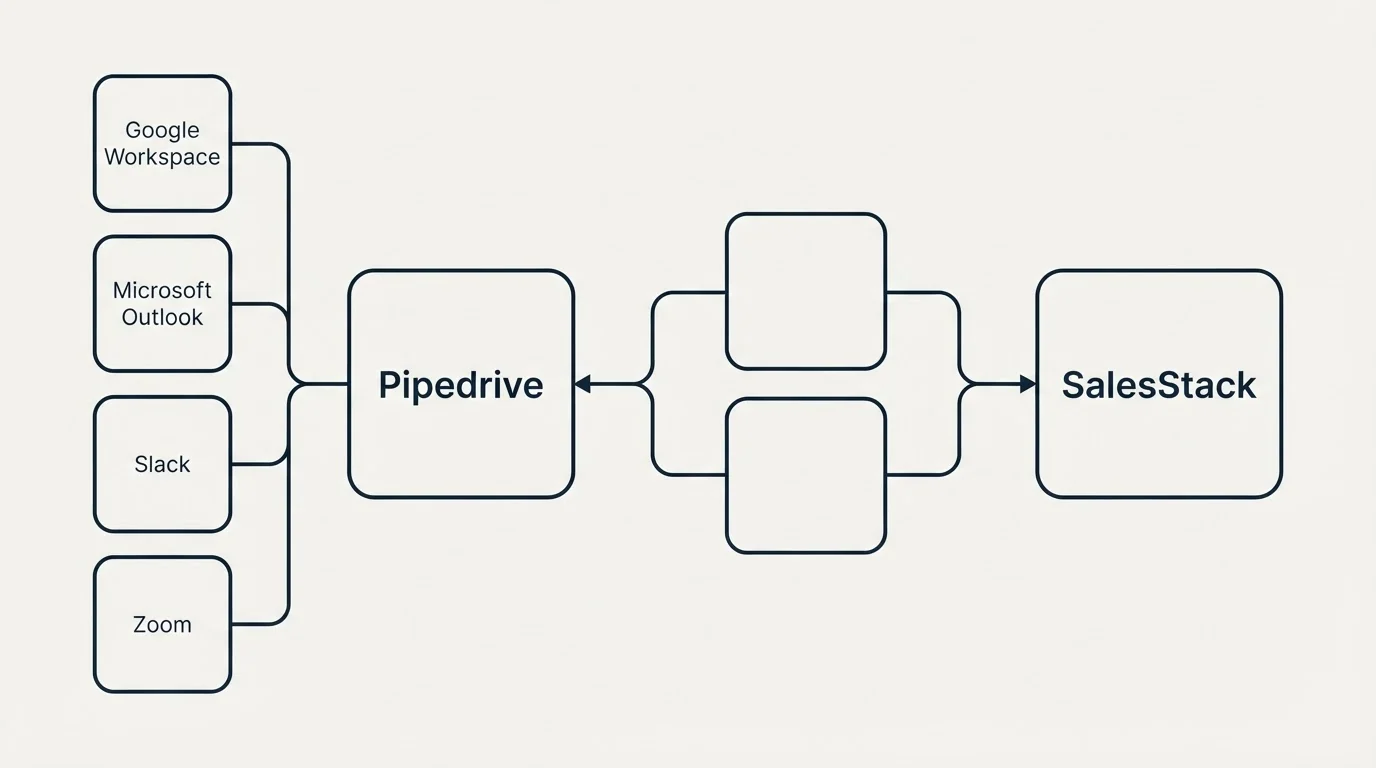 Integration schematic: Integration Ecosystem (Pipedrive, SalesStack, Google Workspace, Microsoft Outlook)