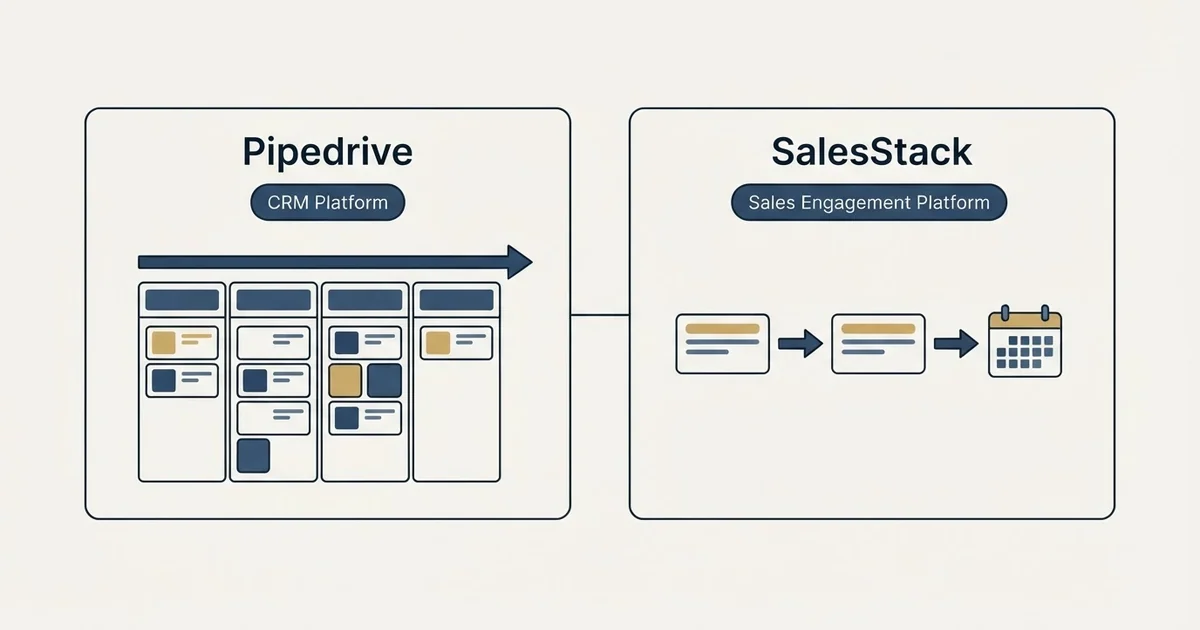 Side-by-side panels: Pipedrive vs SalesStack (CRM Platform, Sales Engagement Platform)