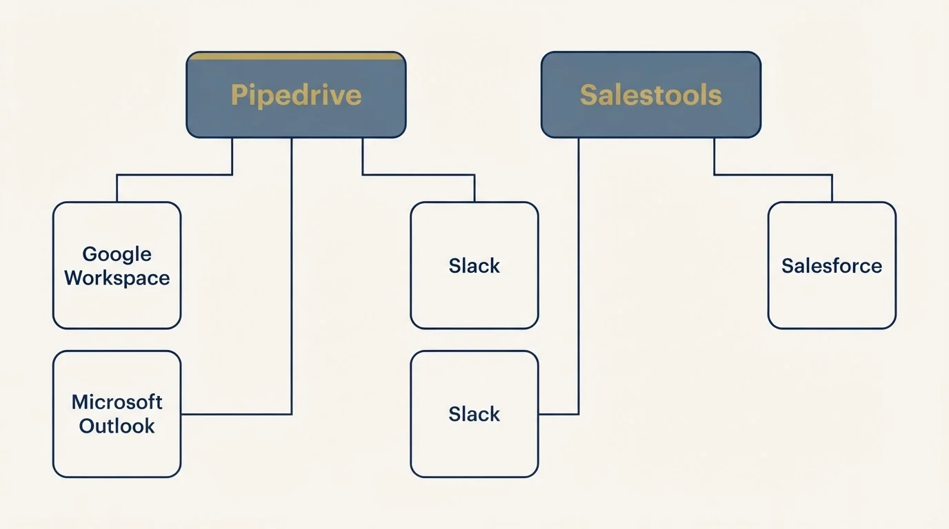 Integration grid: Integration Ecosystem (Pipedrive, Salestools, Slack, Google Workspace)