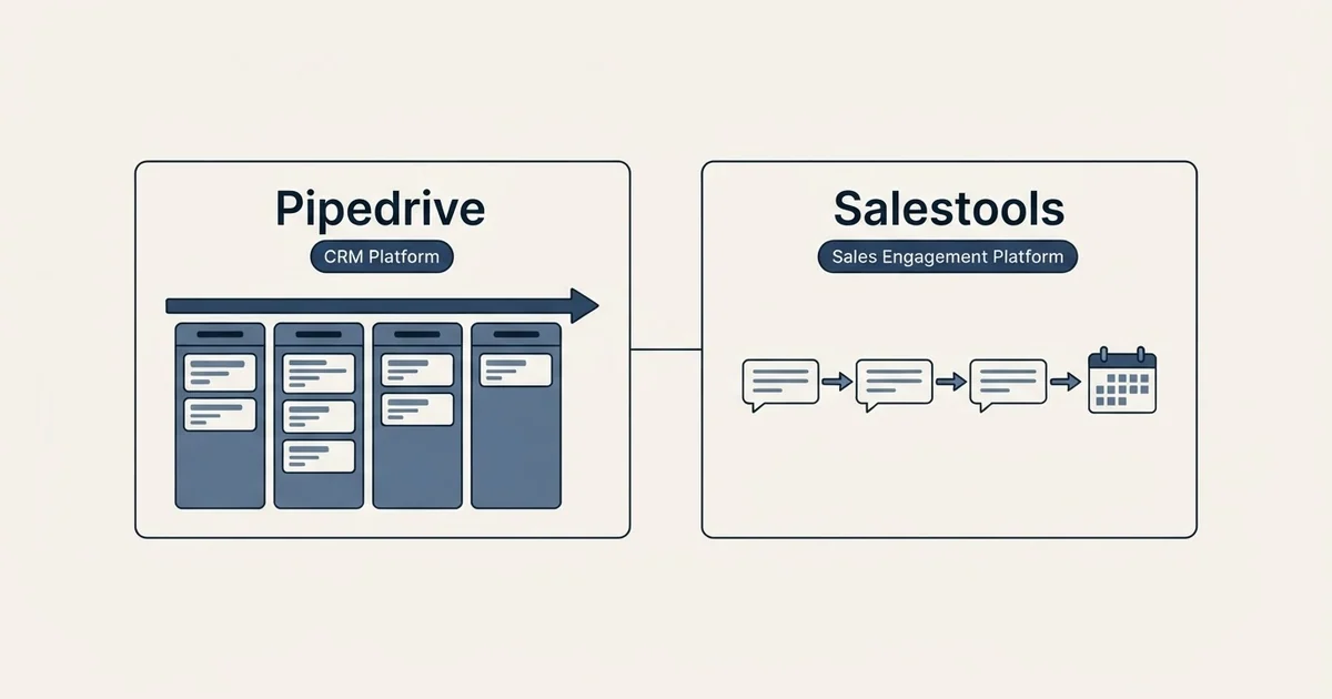 Side-by-side panels: Pipedrive vs Salestools (CRM Platform, Sales Engagement Platform)