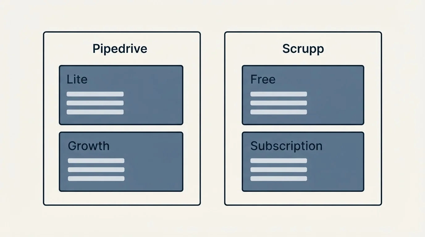 Pricing panels: Pricing Comparison (Pipedrive, Scrupp, Lite, Free)