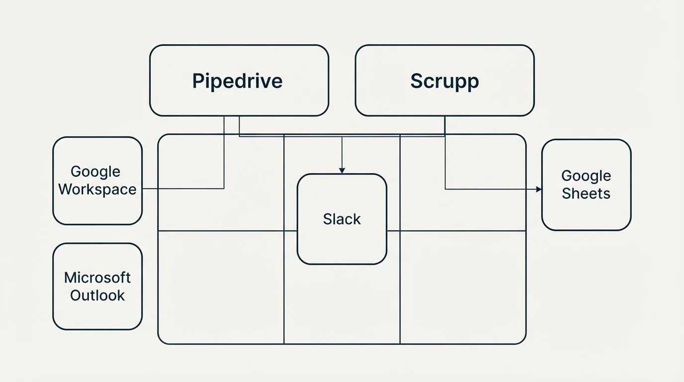 Integration grid: Integration Ecosystem (Pipedrive, Scrupp, Slack, Google Workspace)