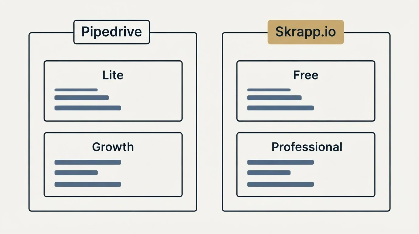 Pricing panels: Pricing Comparison (Pipedrive, Skrapp.io, Lite, Free)
