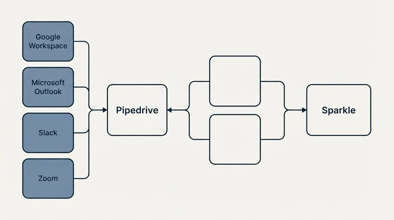Integration schematic: Integration Ecosystem (Pipedrive, Sparkle, Google Workspace, Microsoft Outlook)