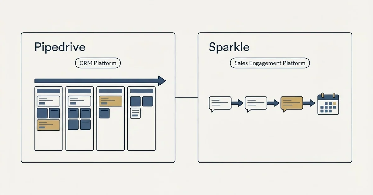 Side-by-side panels: Pipedrive vs Sparkle (CRM Platform, Sales Engagement Platform)