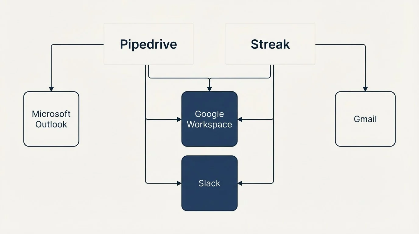 Integration grid: Integration Ecosystem (Pipedrive, Streak, Google Workspace, Slack)