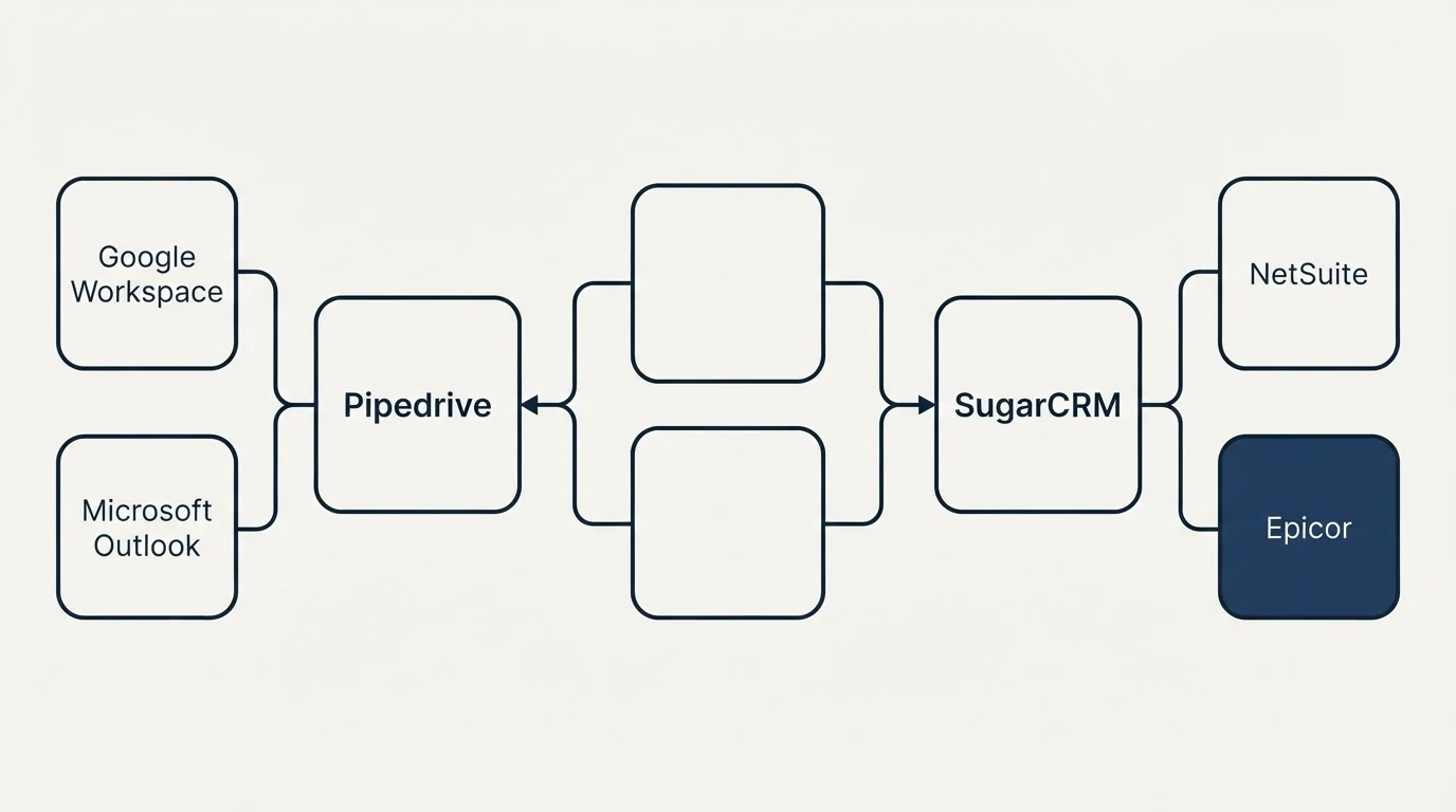 Integration schematic: Integration Ecosystem (Pipedrive, SugarCRM, Google Workspace, NetSuite)