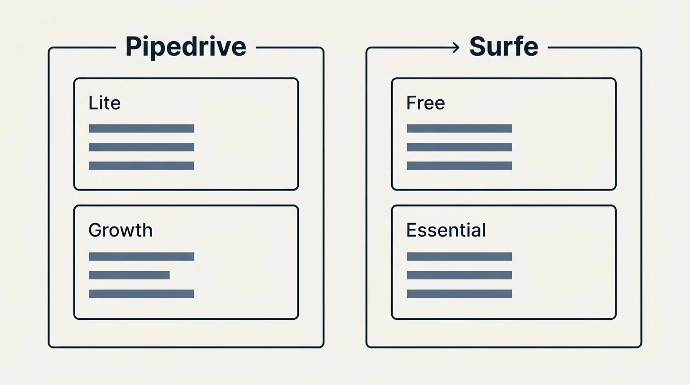 Pricing panels: Pricing Comparison (Pipedrive, Surfe, Lite, Free)