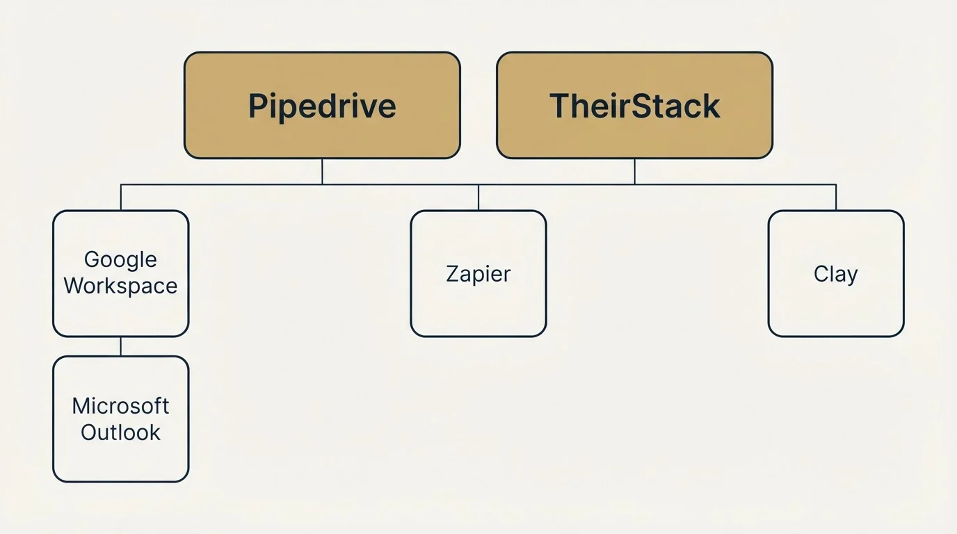 Integration grid: Integration Ecosystem (Pipedrive, TheirStack, Zapier, Google Workspace)