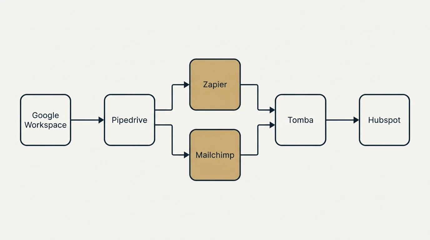 Integration flow: Integration Ecosystem (Pipedrive, Tomba, Zapier, Mailchimp)